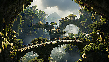 Mystical floating islands in the sky, connected by rope bridges, with waterfalls cascading into the clouds and a diverse ecosystem of flora and fauna.