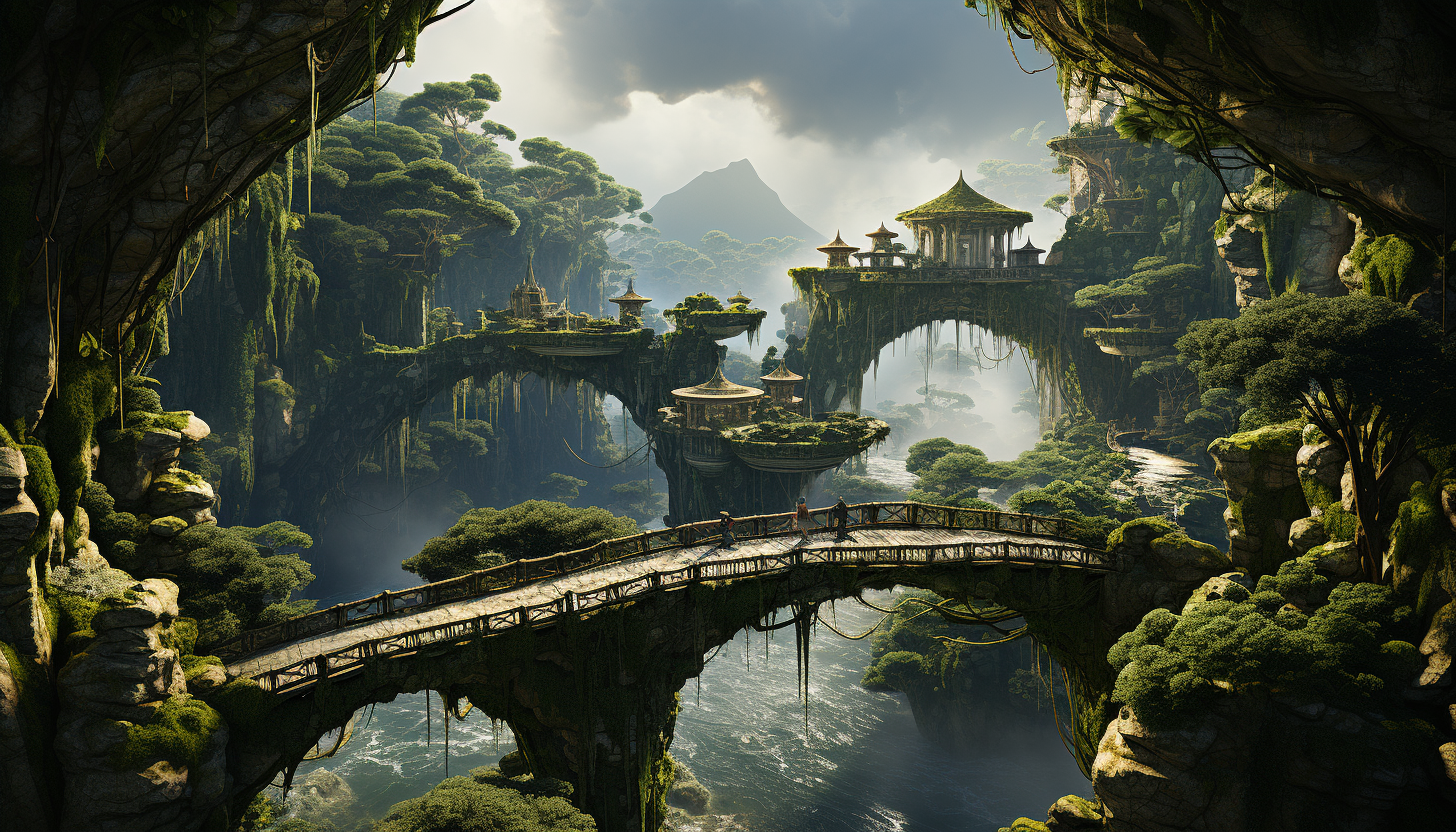 Mystical floating islands in the sky, connected by rope bridges, with waterfalls cascading into the clouds and a diverse ecosystem of flora and fauna.