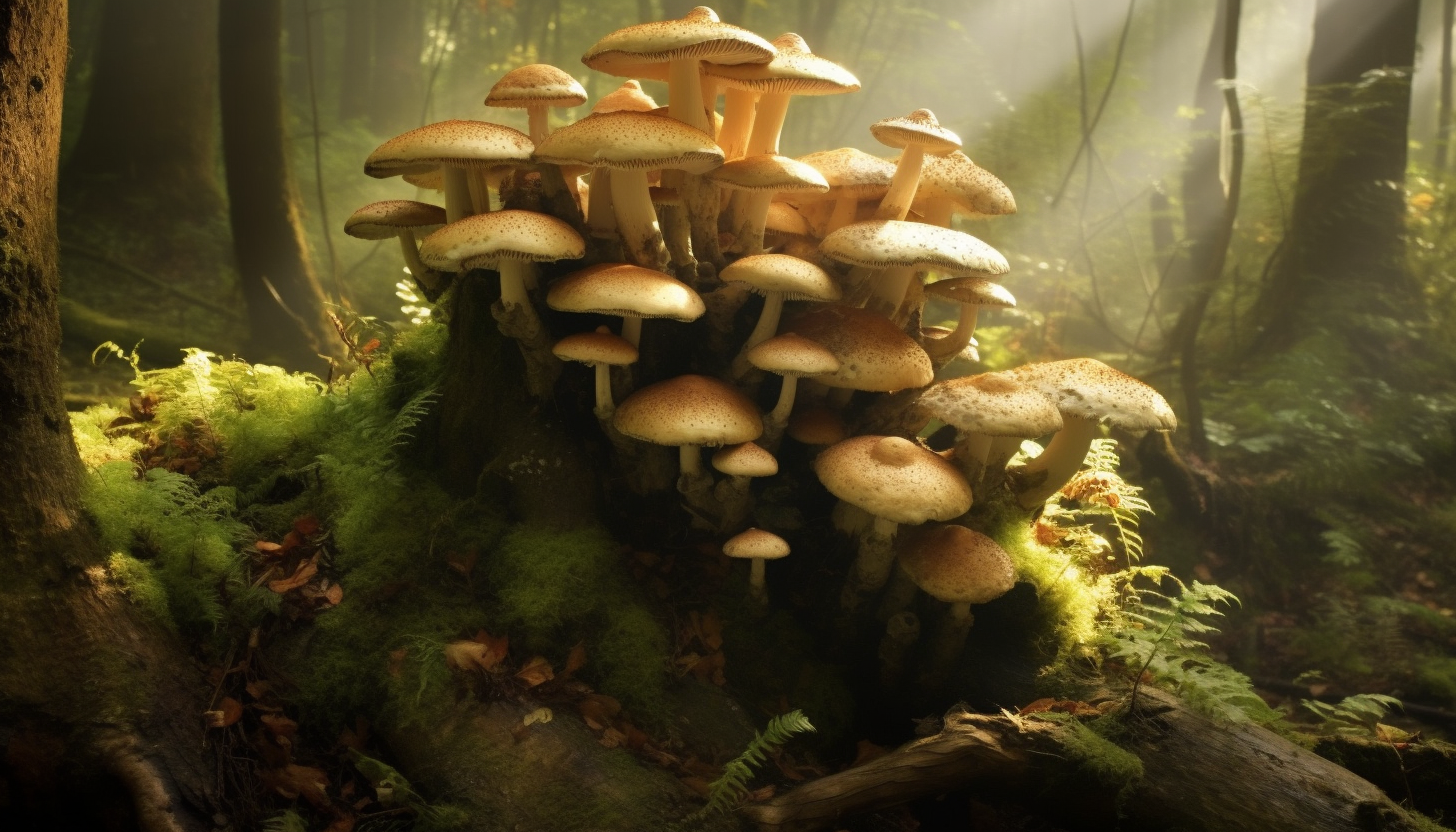 Mushroom clusters growing on an old tree stump in a dense forest.