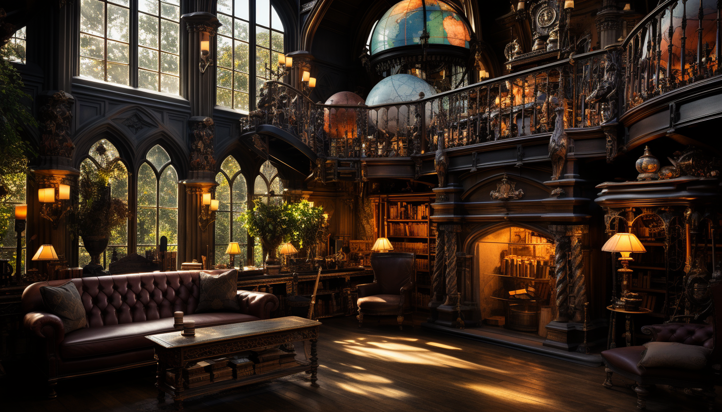 An old library with towering bookshelves, antique books, a globe, and a grand fireplace, with light streaming through stained glass windows.