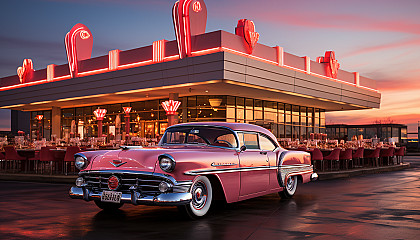 Classic American diner at dawn, with vintage cars parked outside, neon signage, checkerboard flooring, and patrons enjoying breakfast.
