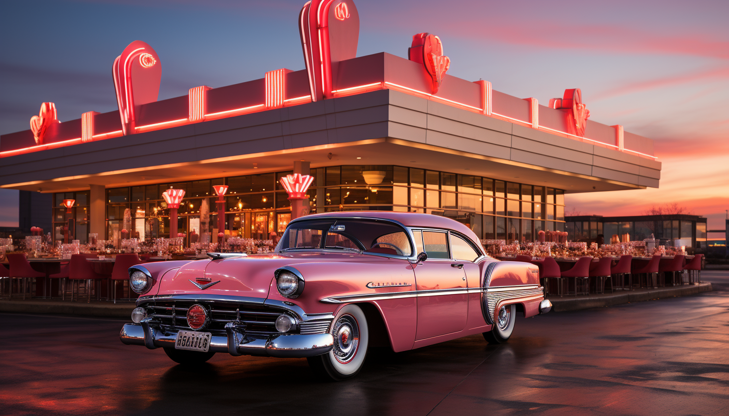 Classic American diner at dawn, with vintage cars parked outside, neon signage, checkerboard flooring, and patrons enjoying breakfast.