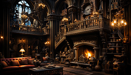 A magical library with towering bookshelves, floating books, enchanted artifacts, and a grand fireplace casting a warm glow.