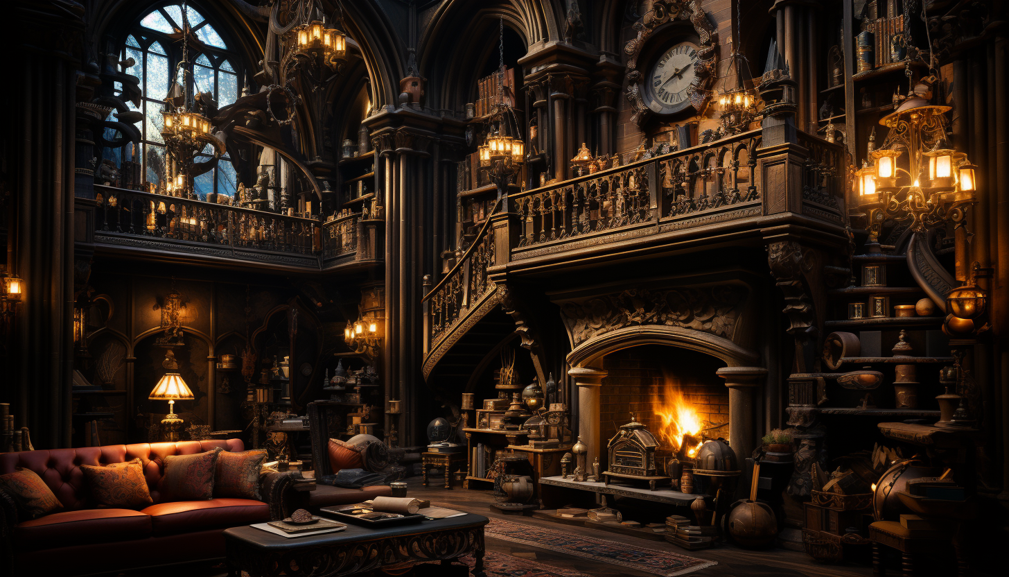 A magical library with towering bookshelves, floating books, enchanted artifacts, and a grand fireplace casting a warm glow.