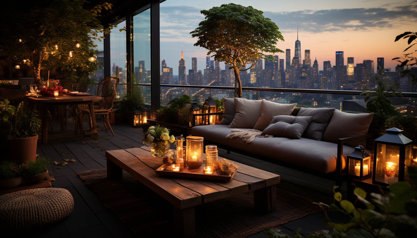 Rooftop garden in a modern city, with a variety of plants, comfortable seating, twinkling fairy lights, and skyscrapers in the background.