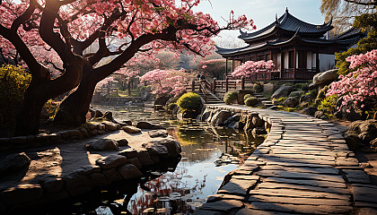 Traditional Chinese garden in spring, with a pagoda, stone paths, blooming peonies, and a gently flowing stream.