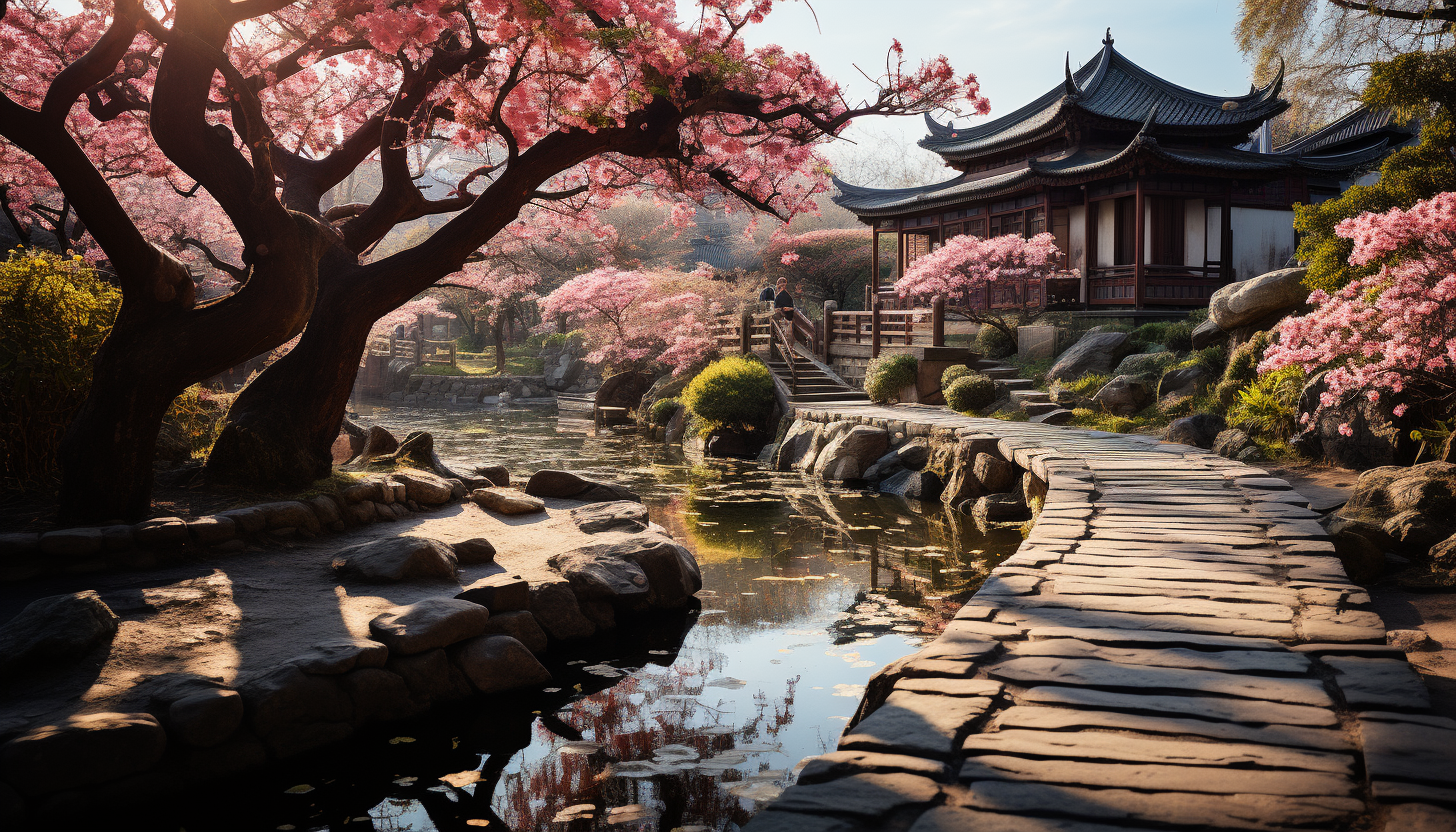 Traditional Chinese garden in spring, with a pagoda, stone paths, blooming peonies, and a gently flowing stream.