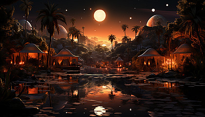 Desert oasis at night, with a clear, star-filled sky, palm trees, a tranquil pond, and nomadic tents glowing from lantern light.