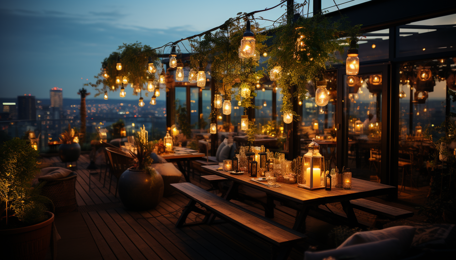 Modern rooftop garden in a bustling city, with skyscrapers, urban farming plots, string lights, and groups of friends enjoying a summer evening.