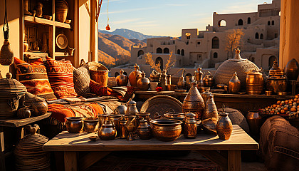 Traditional Moroccan market at sunset, vibrant fabrics, handcrafted pottery, bustling crowd, and a view of the desert.