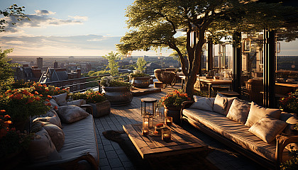 Rooftop garden in a modern city, with a variety of plants, city skyline view, comfortable seating areas, and soft ambient lighting.