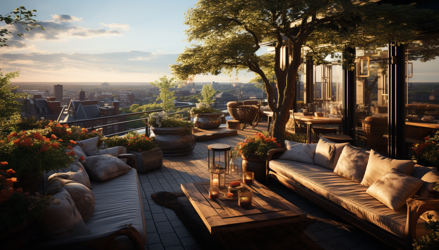 Rooftop garden in a modern city, with a variety of plants, city skyline view, comfortable seating areas, and soft ambient lighting.