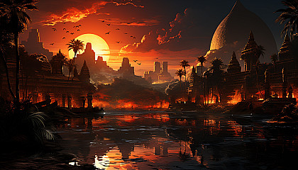 Desert oasis at sunset, with palm trees, a tranquil pond, camels resting, and ancient ruins silhouetted against the fiery sky.