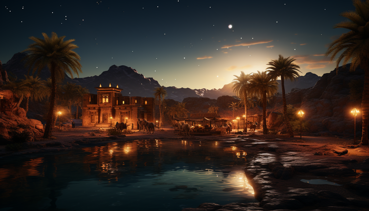 Desert oasis at night, with a tranquil pool, palm trees, star-filled sky, and a caravan of camels resting nearby.