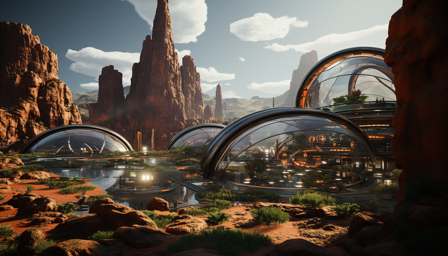 Futuristic Mars colony with biodomes, advanced vehicles exploring the red landscape, and Earth visible in the sky.