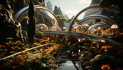 A futuristic botanical garden in a space colony, with exotic alien plants, floating walkways, and a transparent dome showing the cosmos.