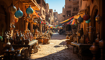 Traditional Moroccan bazaar, vibrant with spices, textiles, handmade jewelry, bustling crowds, and ornate lanterns.
