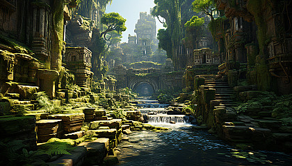 A hidden valley with a lost civilization, ancient ruins overgrown with jungle, mysterious statues, and a shimmering waterfall.