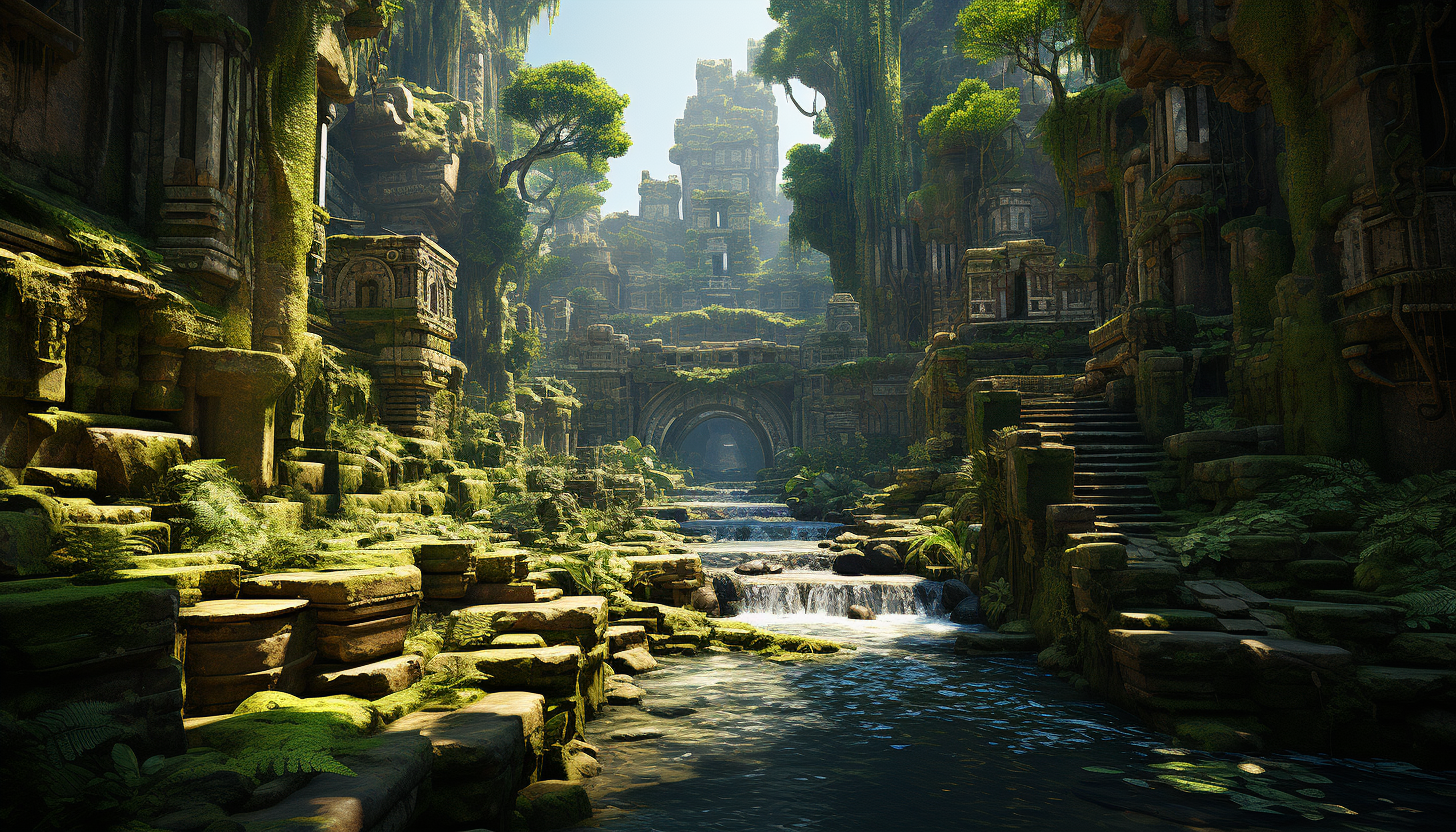 A hidden valley with a lost civilization, ancient ruins overgrown with jungle, mysterious statues, and a shimmering waterfall.