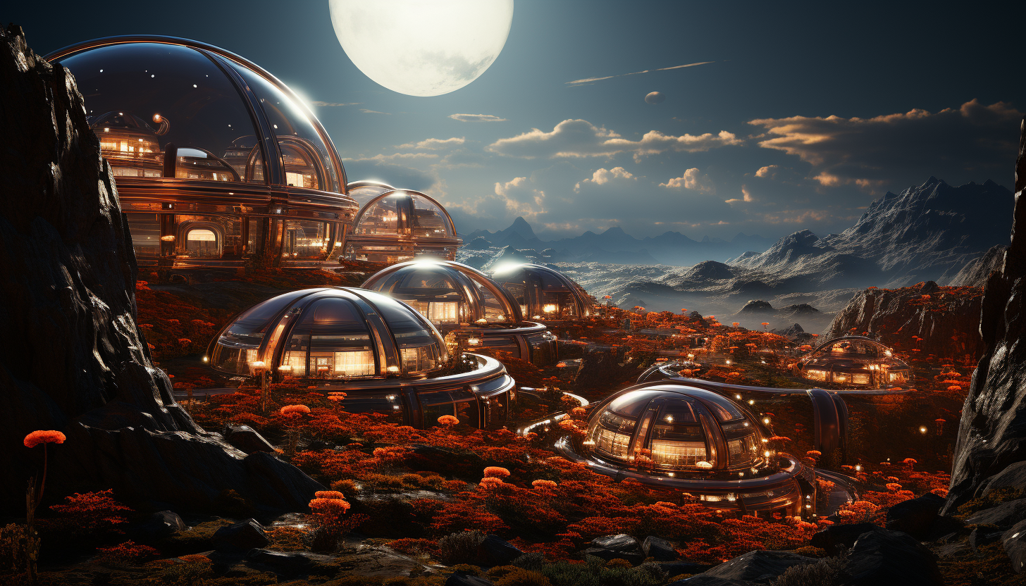 Futuristic Martian colony, with domed habitats, rovers traversing the red landscape, and Earth visible in the sky.