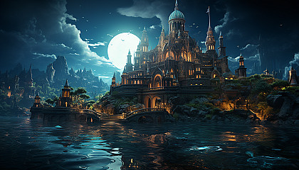 Undersea Atlantis-like city with grand domes, glowing underwater flora, schools of neon fish, and ancient ruins.