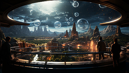 Futuristic laboratory with holograms, advanced computers, scientists in high-tech gear, and a view of a distant planet through large windows.