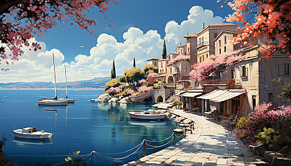 Mediterranean coastal village, white and blue houses, winding streets, blooming bougainvillea, and fishing boats in the harbor.
