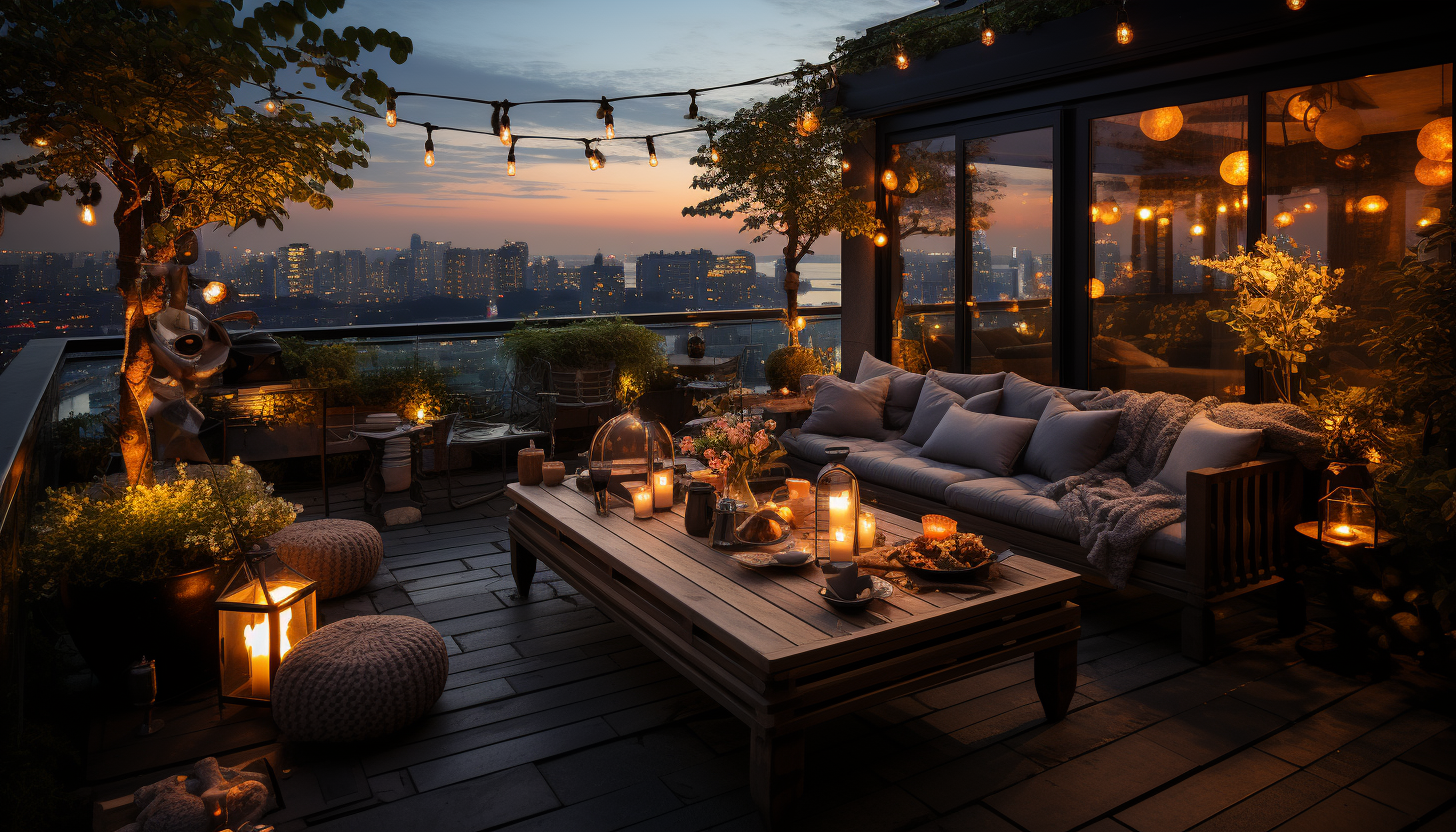 Luxurious rooftop garden at dusk, overlooking a sprawling cityscape, with string lights, elegant lounge furniture, and a variety of lush plants.