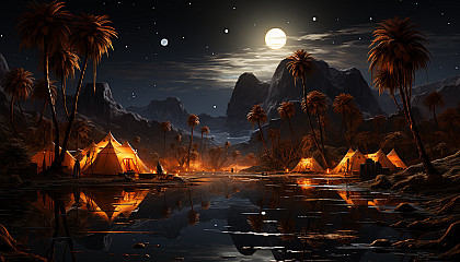 Desert oasis at night, with a star-filled sky, a tranquil pond, palm trees, and a Bedouin tent with a campfire.