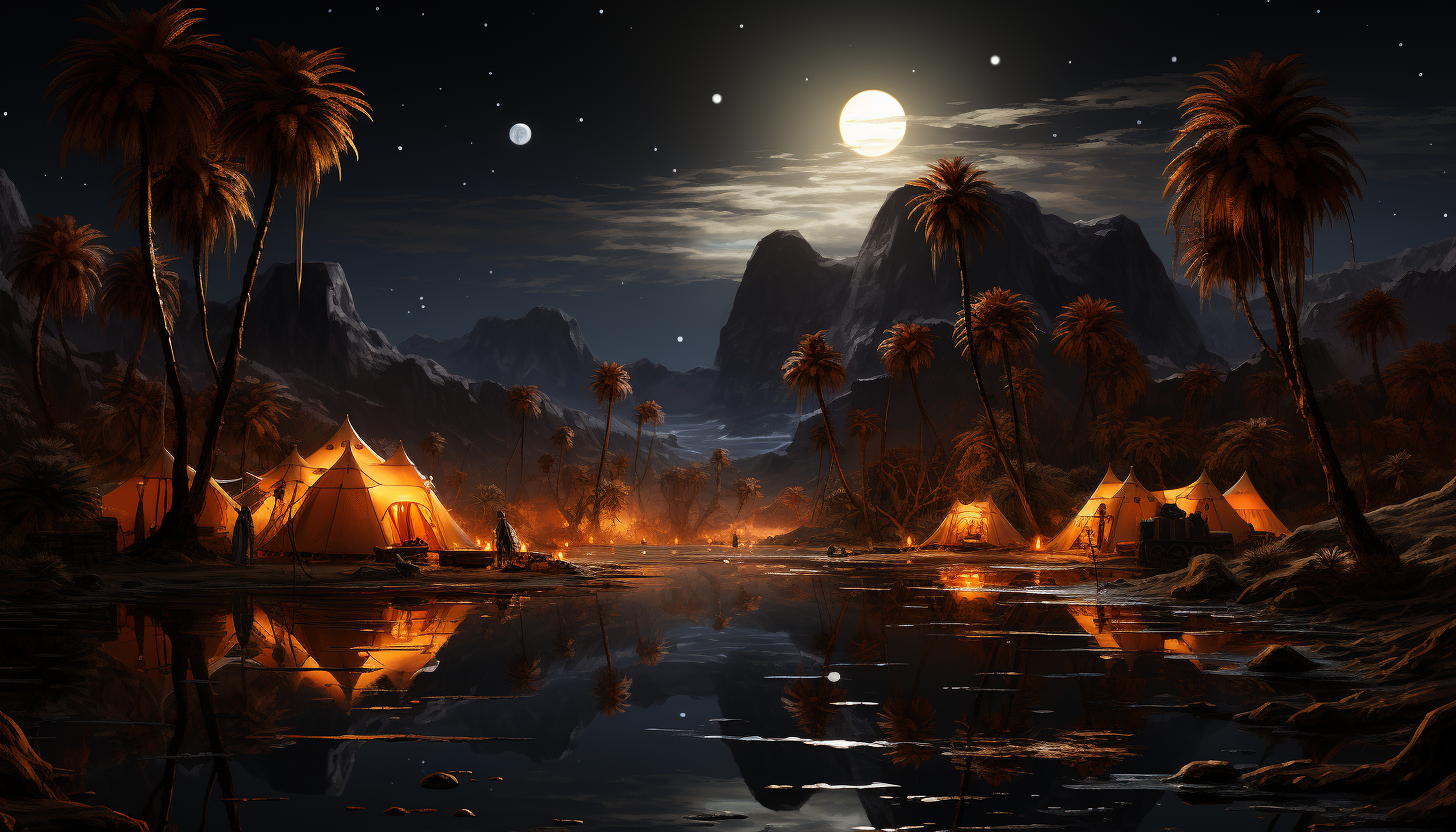 Desert oasis at night, with a star-filled sky, a tranquil pond, palm trees, and a Bedouin tent with a campfire.