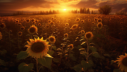 A field of sunflowers turning towards the sun.