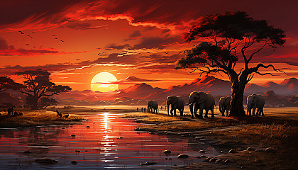 Sunset in an African savanna, with silhouettes of acacia trees, a group of elephants, and a vibrant, orange-hued sky.