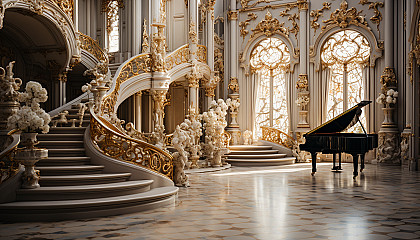 Grand ballroom in a Baroque palace, opulent chandeliers, ornate gold and marble decor, large mirrors, and a grand piano.