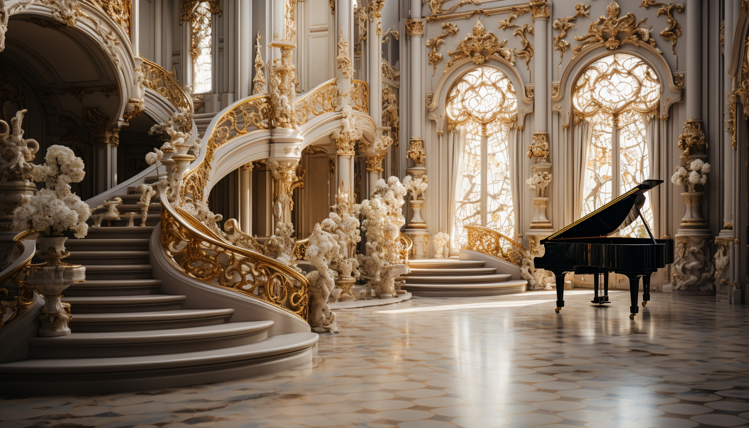 Grand ballroom in a Baroque palace, opulent chandeliers, ornate gold and marble decor, large mirrors, and a grand piano.