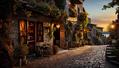 Quiet cobblestone alley in a Mediterranean village at sunset, with hanging flower baskets, bistro tables, and old bicycles.