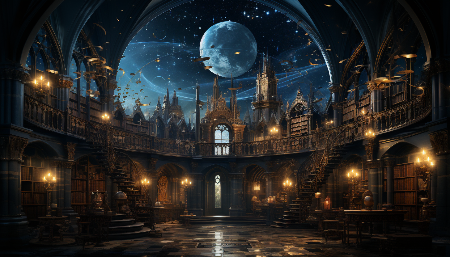 Ancient library with towering bookshelves, globes, celestial maps, mysterious artifacts, and a large, arched window showing a starry night.