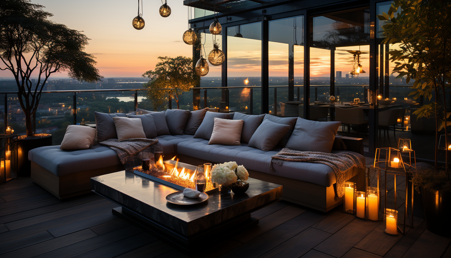 Modern rooftop garden at sunset, with a luxurious lounge area, panoramic city skyline views, and twinkling string lights.