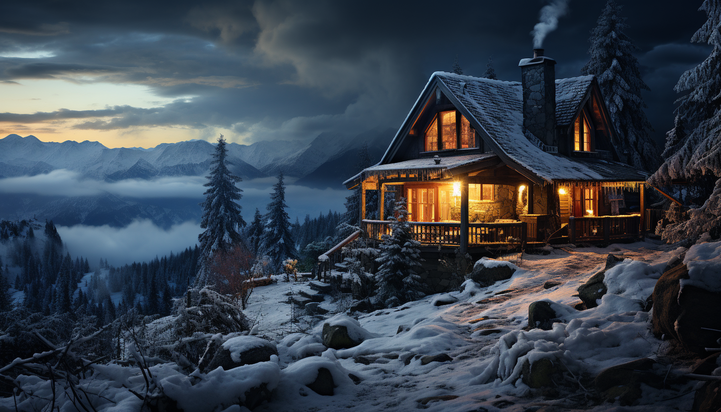 Cozy mountain cabin in winter, surrounded by snow-covered pines, smoke rising from the chimney, and a starry night sky.