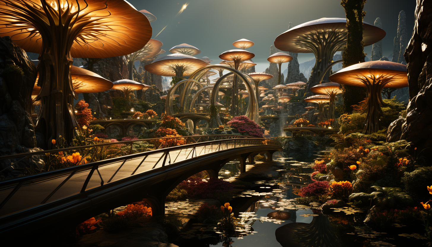 A futuristic botanical garden in a space colony, with exotic alien plants, floating walkways, and a transparent dome showing the cosmos.