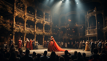 Grand opera house interior during a performance, with opulent red velvet curtains, golden balconies, and an audience in period attire.