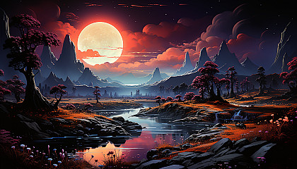 Mysterious alien landscape with bizarre plants, floating rocks, a glowing river, and a distant spacecraft.