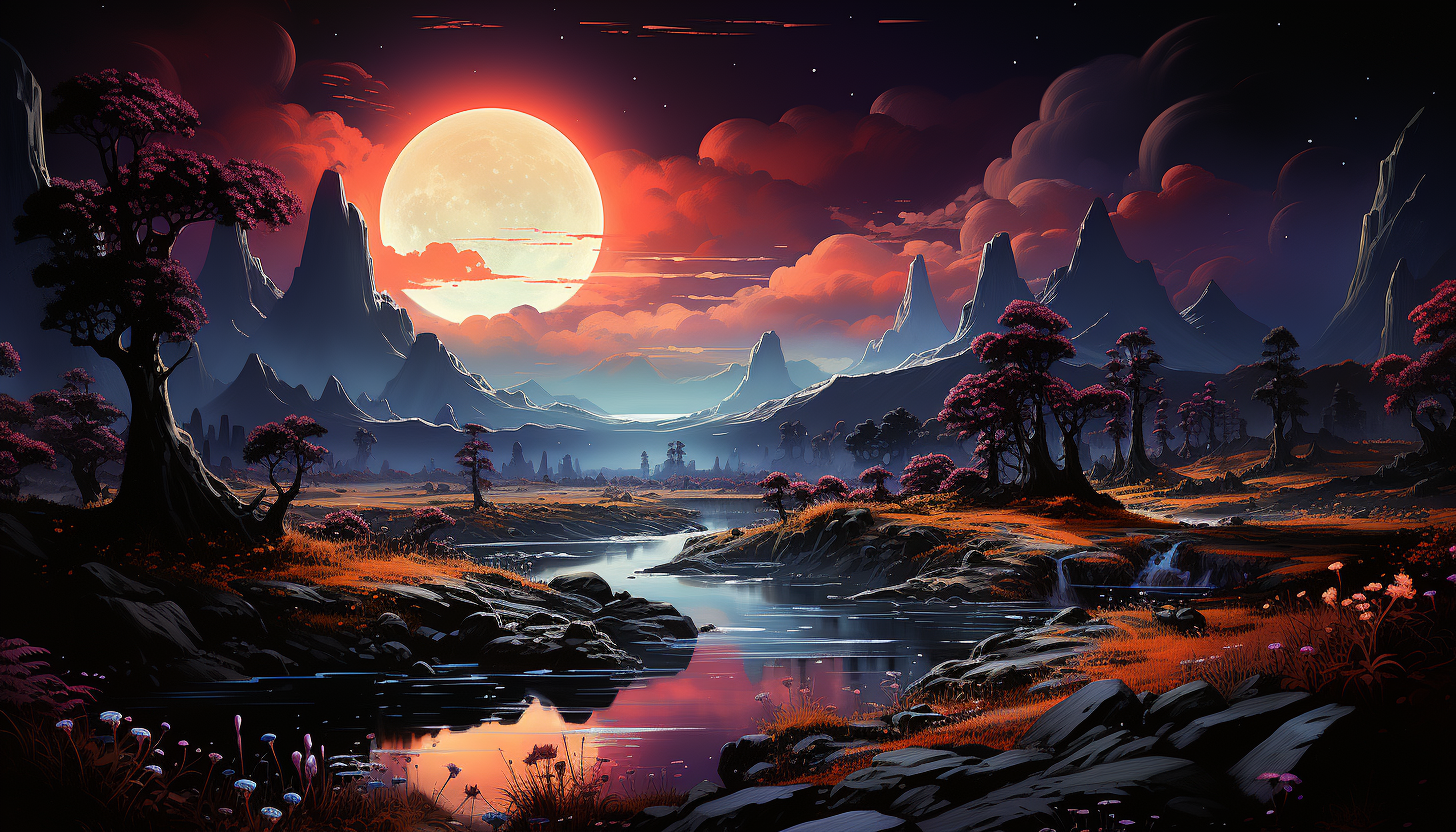 Mysterious alien landscape with bizarre plants, floating rocks, a glowing river, and a distant spacecraft.