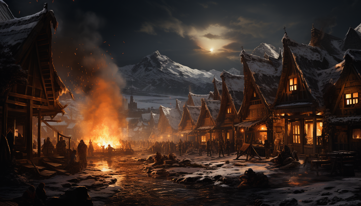 Traditional Viking village during a winter festival, with longhouses, a roaring bonfire, villagers in period attire, and a snowy landscape.