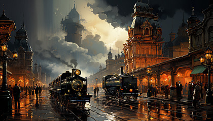 Grand train station from the early 20th century, with steam locomotives, elegant passengers, and an ornate clock tower.