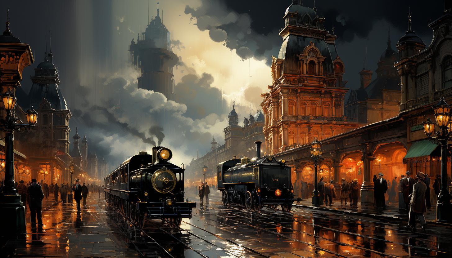 Grand train station from the early 20th century, with steam locomotives, elegant passengers, and an ornate clock tower.