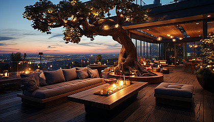 Modern rooftop garden at sunset, with a luxurious lounge area, panoramic city skyline views, and twinkling string lights.