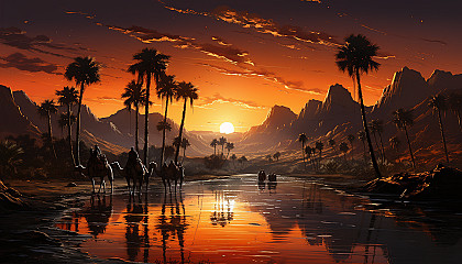 Desert oasis at sunset, with palm trees, a tranquil pool of water, camels resting nearby, and the warm glow of a setting sun over sand dunes.