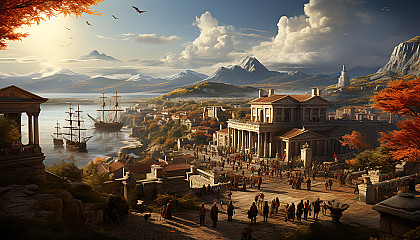 Ancient Greek agora at sunrise, classical architecture, philosophers debating, market stalls, and distant mountains.