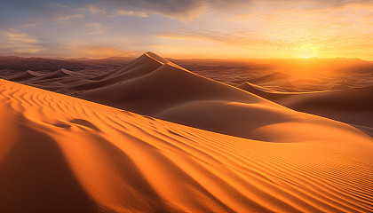 Sand dunes rippling under the glow of a setting sun.