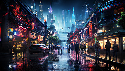 A futuristic cyberpunk alleyway, neon signs in multiple languages, holograms, and diverse inhabitants in trendy tech wear.